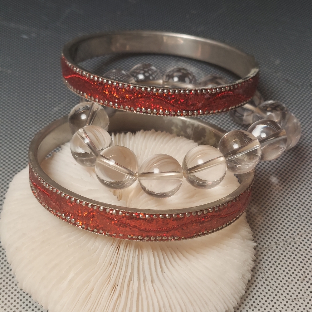 Red Valentine bangles crystal bead stretchy sweet set